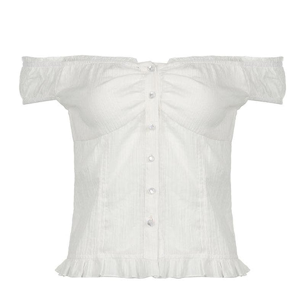 Off shoulder ruched button ruffle top