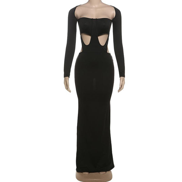 Long sleeve u neck hollow out maxi dress