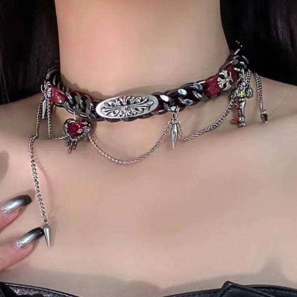 Metal tag heart rivet PU leather choker necklace