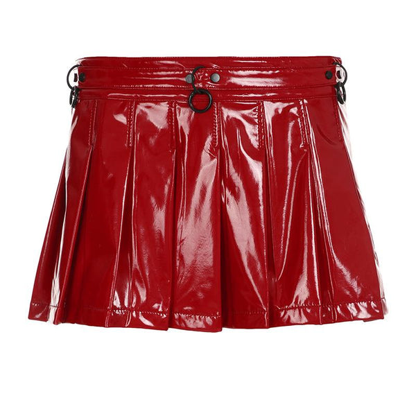 PU leather pleated A line o ring mini skirt