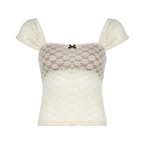 Cap sleeve square neck lace bowknot top