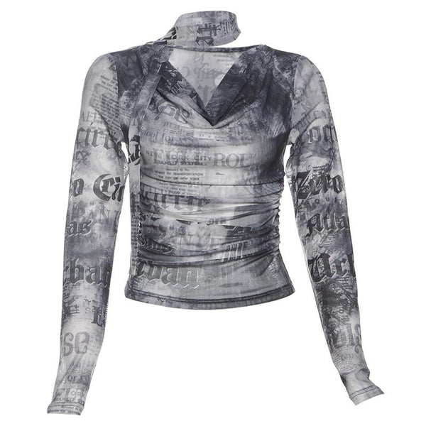 Cowl neck long sleeve mesh abstract print top