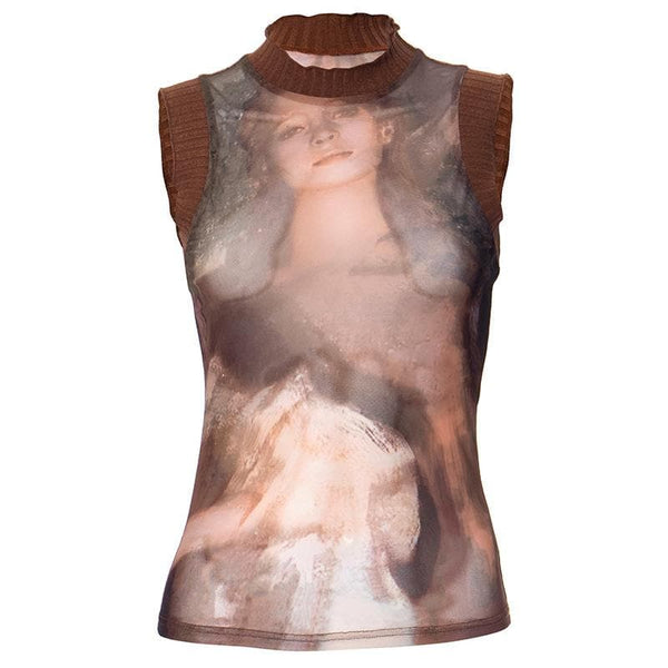 High neck sleeveless mesh see through print ribbed top