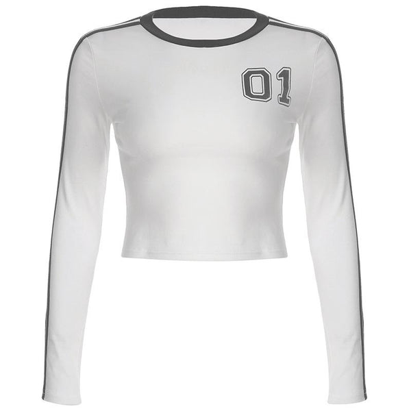 Long sleeve crewneck "01" print crop top