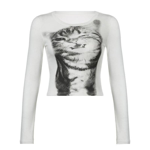 Long sleeve crewneck cat print top