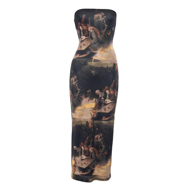 Print backless contrast tube midi dress