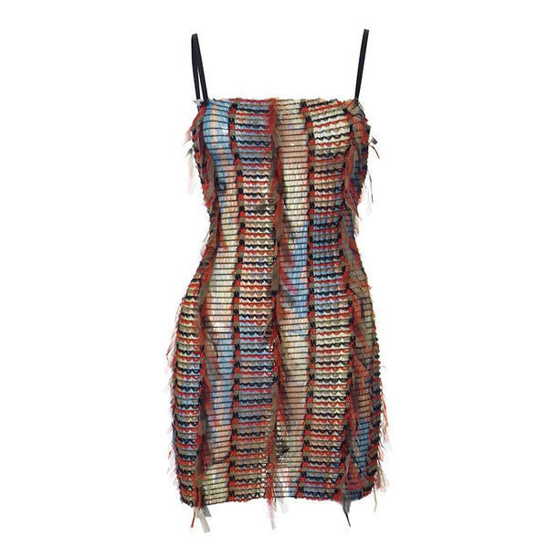 Mesh ruffle stitch contrast textured cami mini dress
