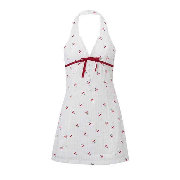 Halter v neck cherry print bowknot mini dress