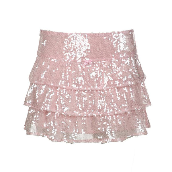 A line glitter bowknot ruched mini skirt