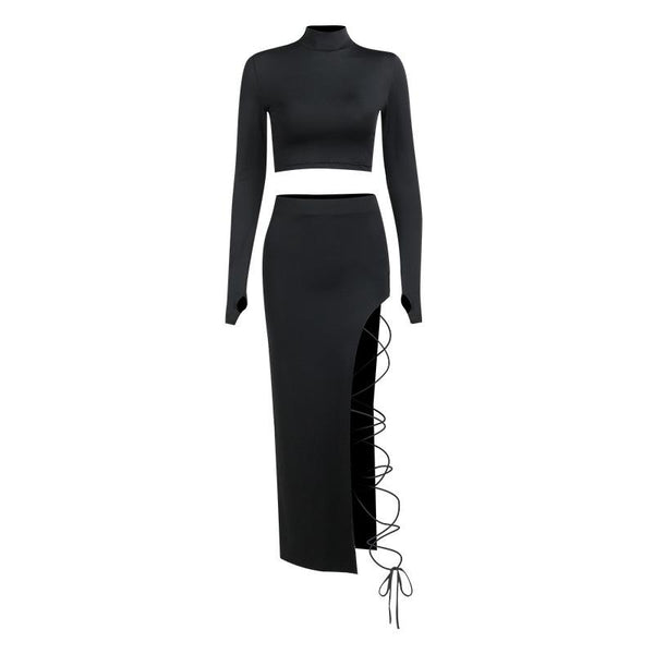 Long sleeve high neck self tie slit maxi skirt set