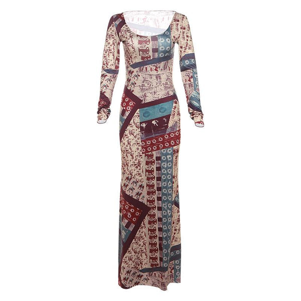 Long sleeve abstract print maxi dress