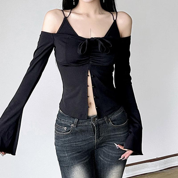 Off shoulder long sleeve self cross back button top