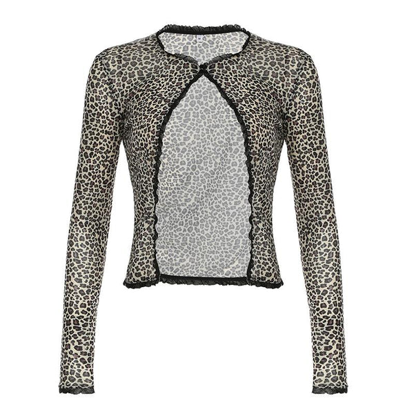 Leopard print long sleeve mesh crop top