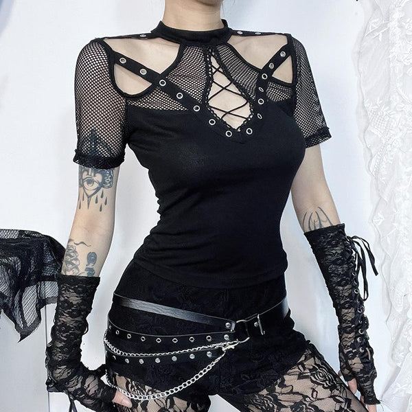 Short sleeve fishnet hollow out patchwork top