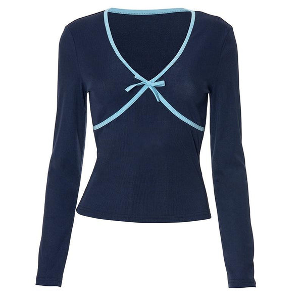 Long sleeve v neck bowknot stitch top