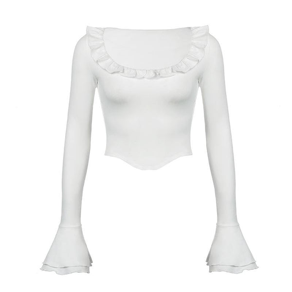 Long flared sleeve crewneck ruffle solid top