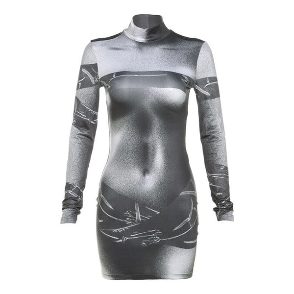 Long sleeve body print high neck mini dress