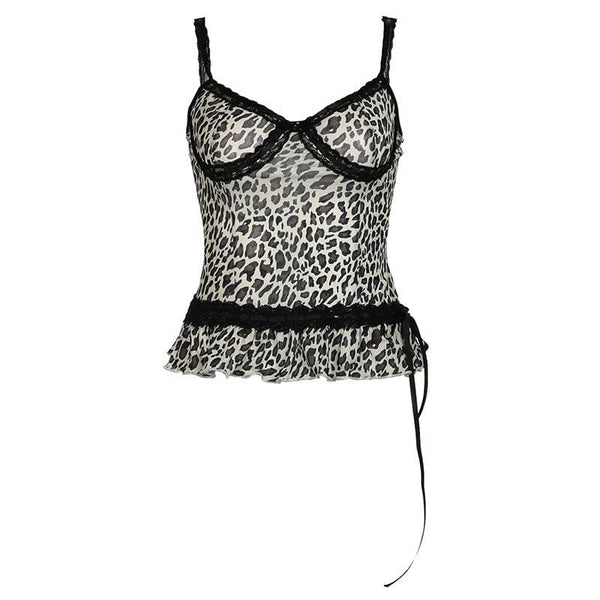 Top camisola de malla transparente con lazo y estampado de leopardo