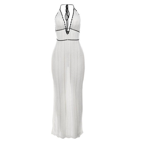 Halter v neck backless self tie knitted maxi dress