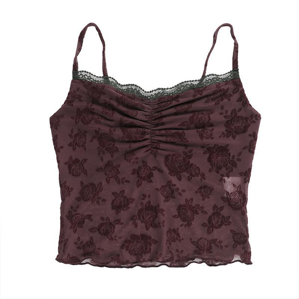 Lace hem ruched flower pattern mesh cami top