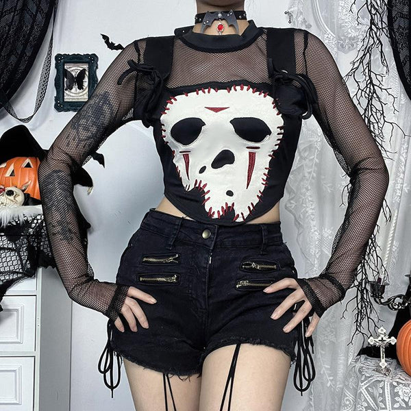 Crewneck long sleeve demon embroidery fishnet patchwork top