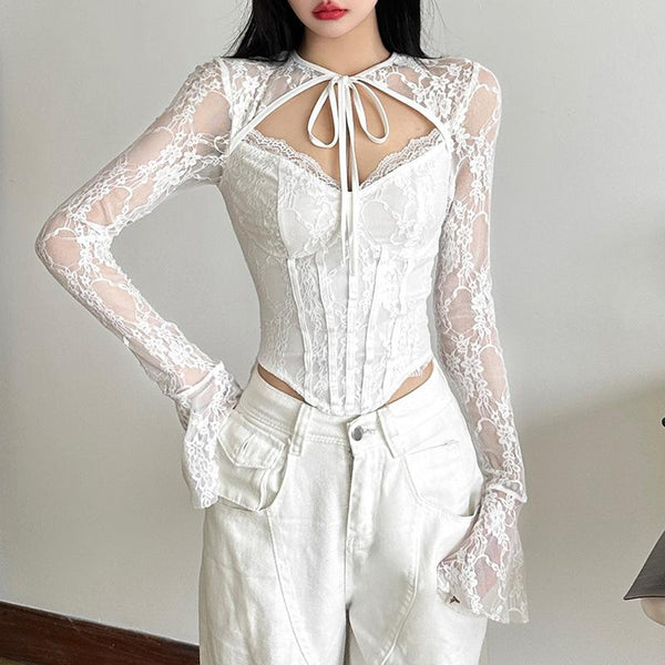 Long flared sleeve corset lace self tie top