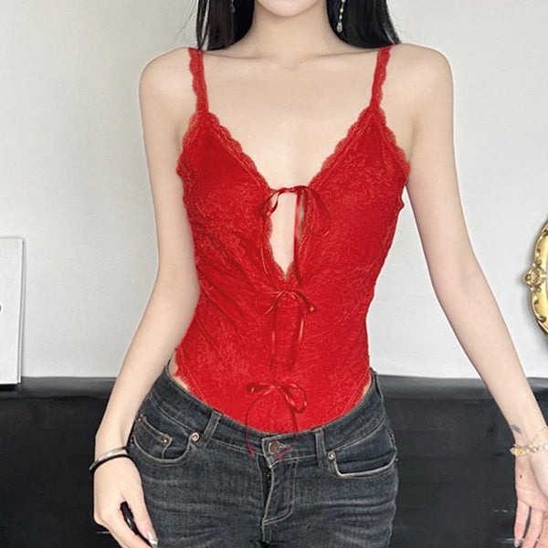 V neck lace bowknot cami bodysuit