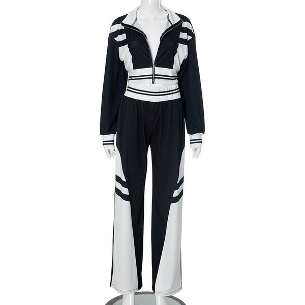 Turnover collar zip-up contrast sports pants set