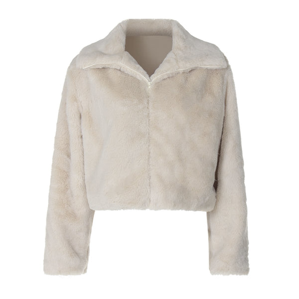 Turnover collar long sleeve fluffy zip-up top