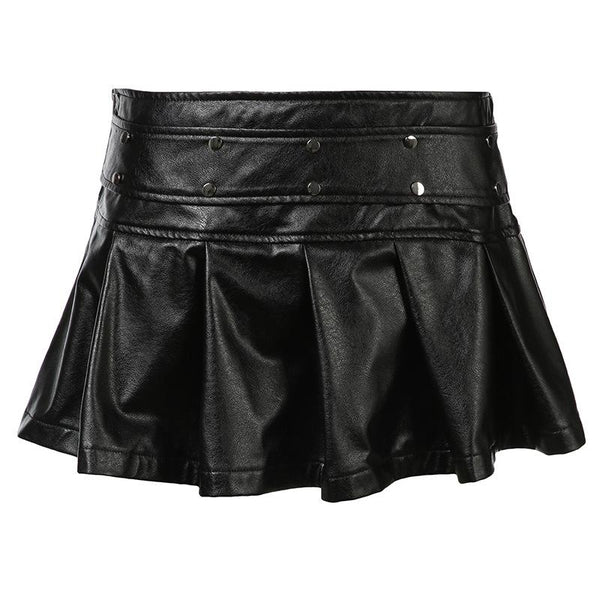 PU leather rivet zip-up pleated mini skirt