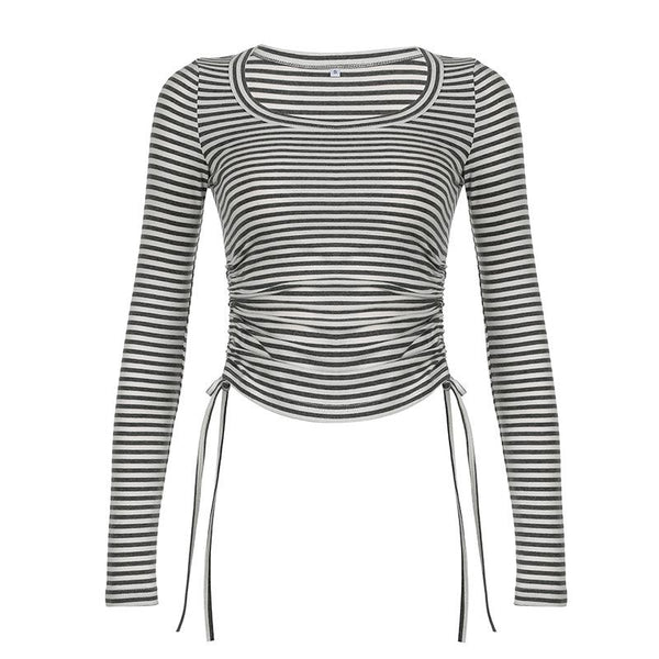 Long sleeve round neck striped drawstring top