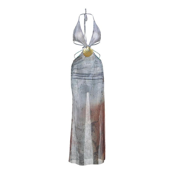 Halter self tie deep V neck sheer mesh shell applique maxi dress