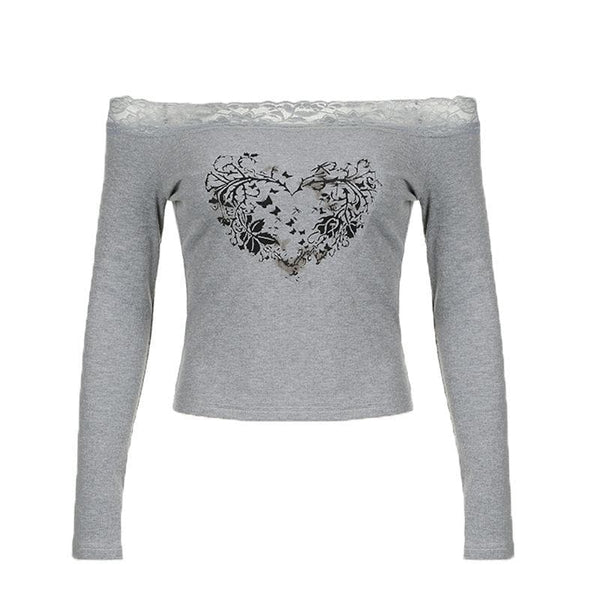 Long sleeve off shoulder ribbed heart pattern lace hem top