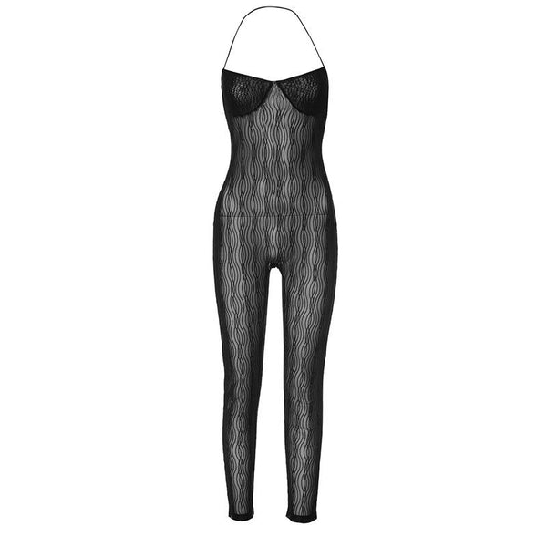 Halter mesh see through textured jumpsuit