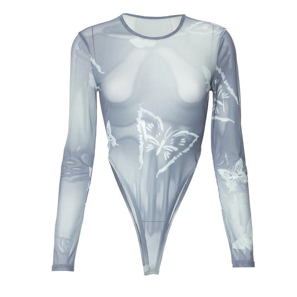 Long sleeve sheer mesh butterfly print bodysuit