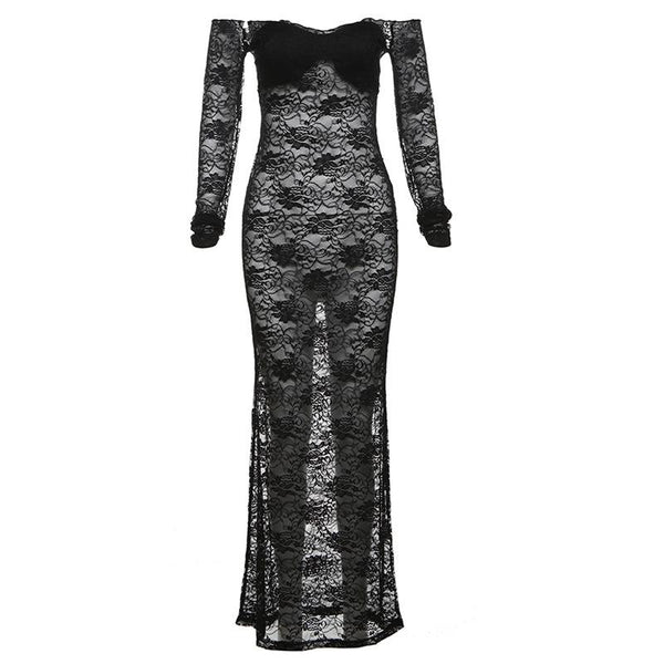 Long sleeve lace off shoulder see through solid maxi dress