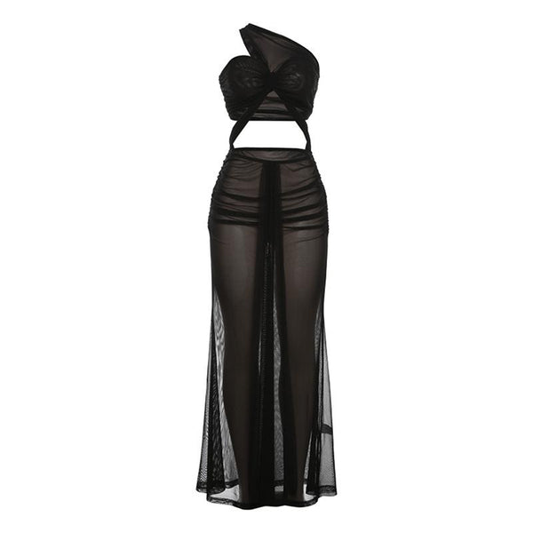 One shoulder mesh hollow out maxi dress