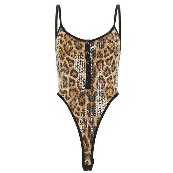 Leopard print u neck glitter button cami bodysuit