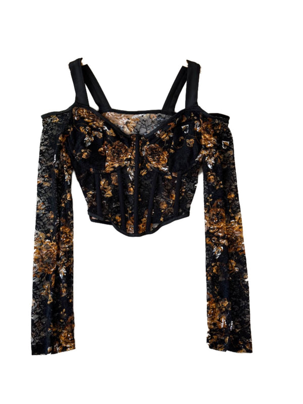 Long sleeve off shoulder flower print lace bustier top