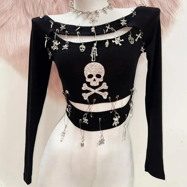 Long sleeve hollow out skull beaded top