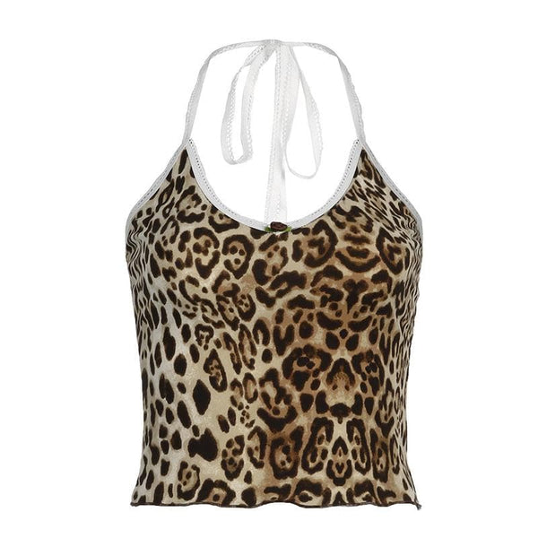 Top de tirantes con apliques de flores, cuello halter y estampado de leopardo