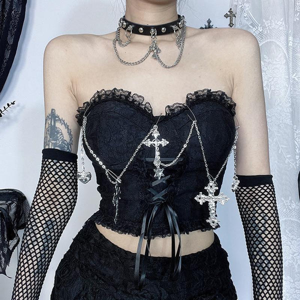Metal chain lace up sweetheart neck tube top