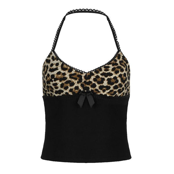 Halter v neck leopard print bowknot top