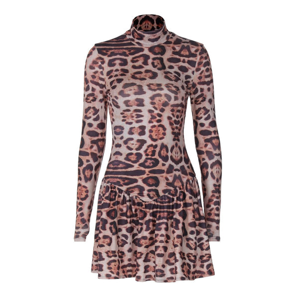 Leopard print long sleeve high neck mini dress