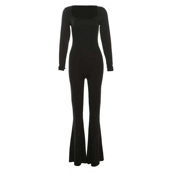 Long sleeve u neck backless self tie solid jumpsuit