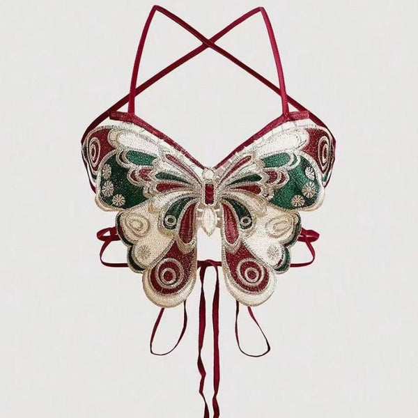 Contrast embroidery butterfly cross backless crop top