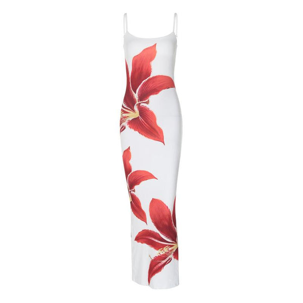 Flower print slit contrast cami maxi dress