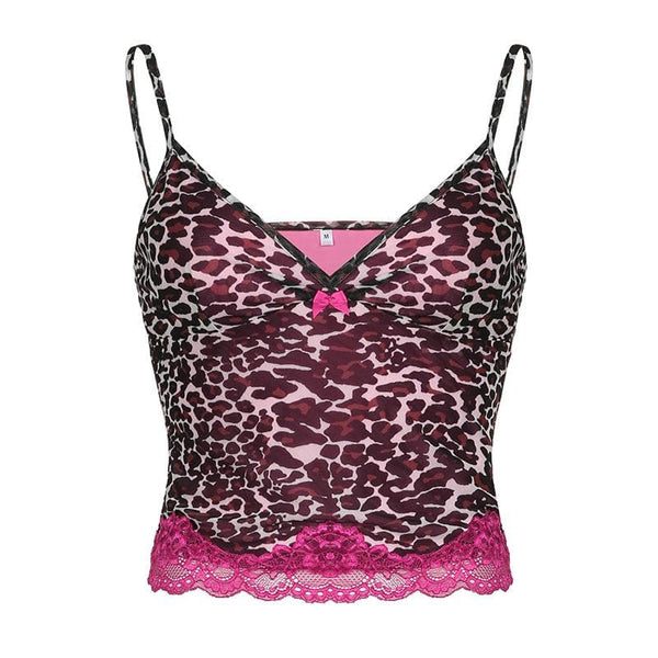 Leopard print mesh bowknot lace hem cami top