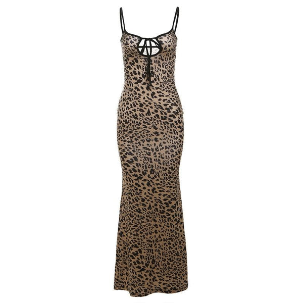 Vestido largo con abertura y espalda descubierta con estampado de leopardo