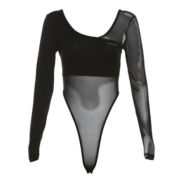 Long sleeve mesh metal tag patchwork bodysuit